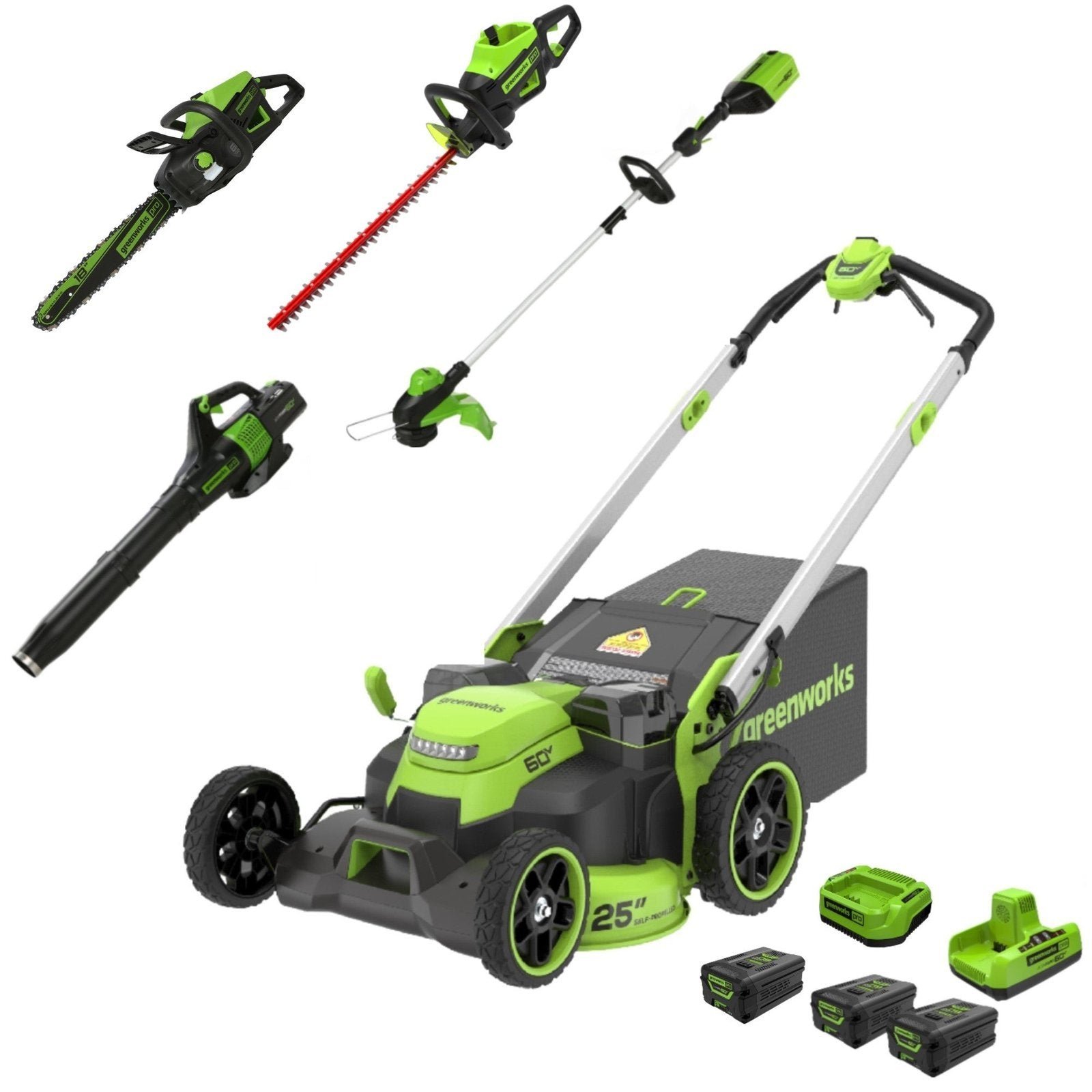 25inMower5pcHero.jpg 60V 25″ Dual Blade Self-Propelled Mower 5-pc Combo Kit, (3) 4.0 Ah Batteries, (1) Single Port Chargers and (1) Dual-Port Charger - Image 1
