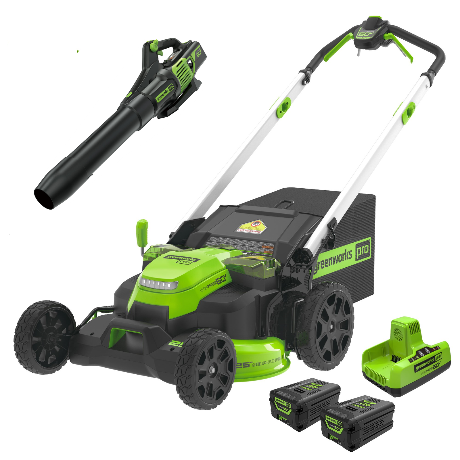 25inchmowerblowercombo.png 60V 25″ Cordless Battery Self-Propelled Mower Combo Kit, Blower: (2) 4.0 Ah Batteries and Dual-Port Charger - Image 1